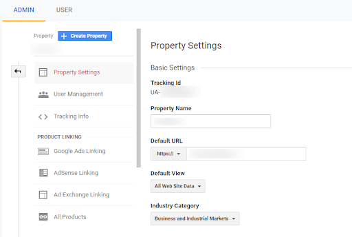 google analytics admin page