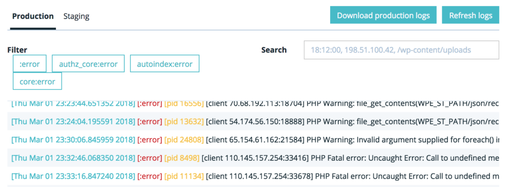 wpengine error logs sample