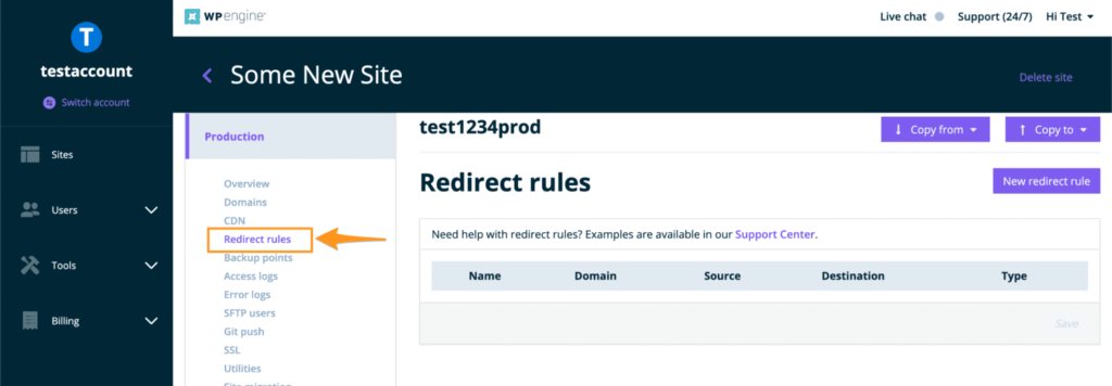 wpengine redirect rules page